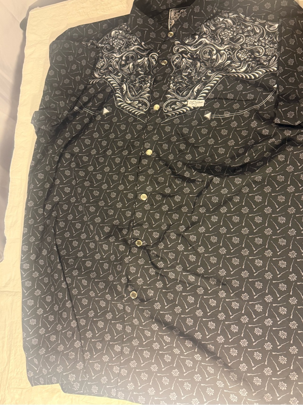 Men's Black Patterned Western-Style Button-Up Shirt